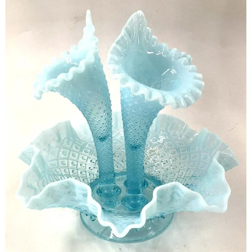 FENTON Glass 10" Flower EPERGNE Sea Blue Opalescent Hobnail Diamond Lace, MINT!! - Picture 1 of 16